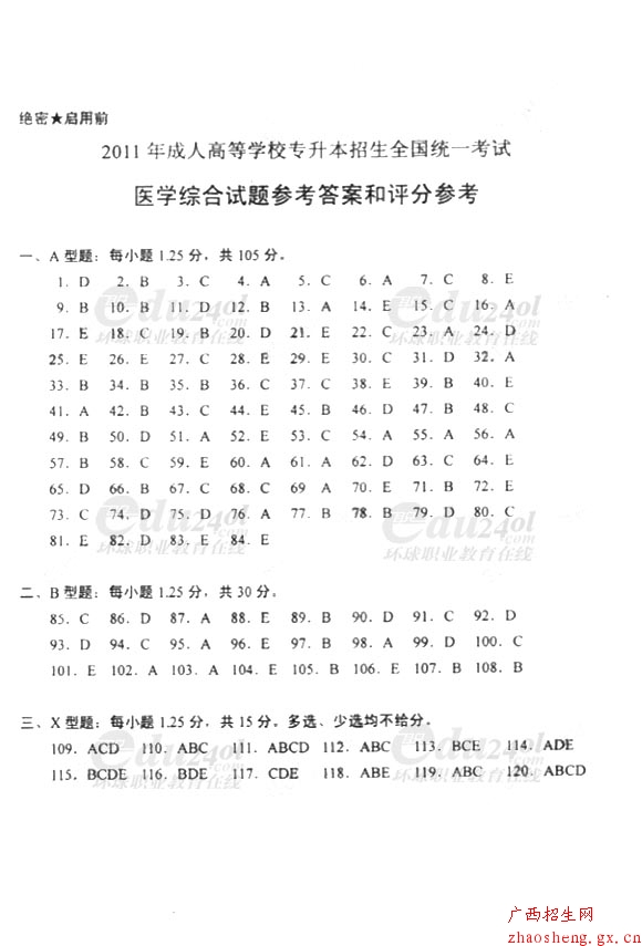2011年成人高考专升本《医学综合》真题及答案