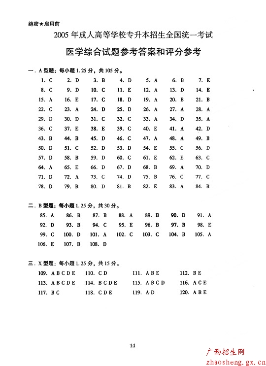 2005年成人高考（专升本）医学综合试卷及答案14